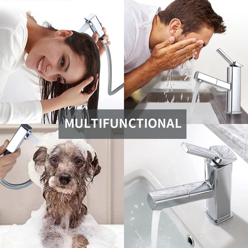 KAIYING Bathroom Sink Faucet with Pull Out Sprayer, Single Handle Basin Mixer Tap for Hot and Cold Water, Lavatory Pull Down Sink Faucet with Rotating Spout (Regular, Chrome) - Image 2
